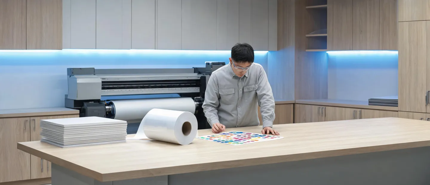 Printer application engineer reviewing samples at a wide-format machine