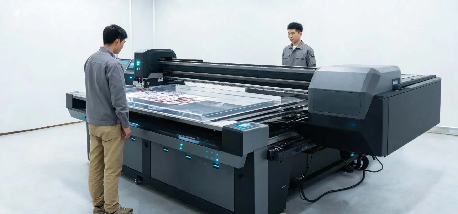 Wide-format UV printer laying down controlled ink layers on a rigid display panel