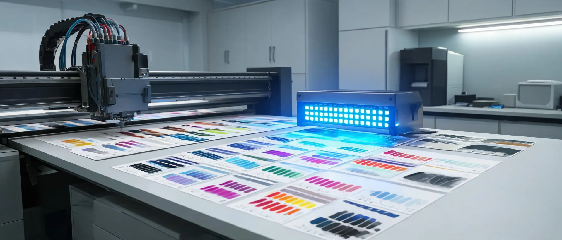 Ink deposition research bench beside a wide-format print carriage